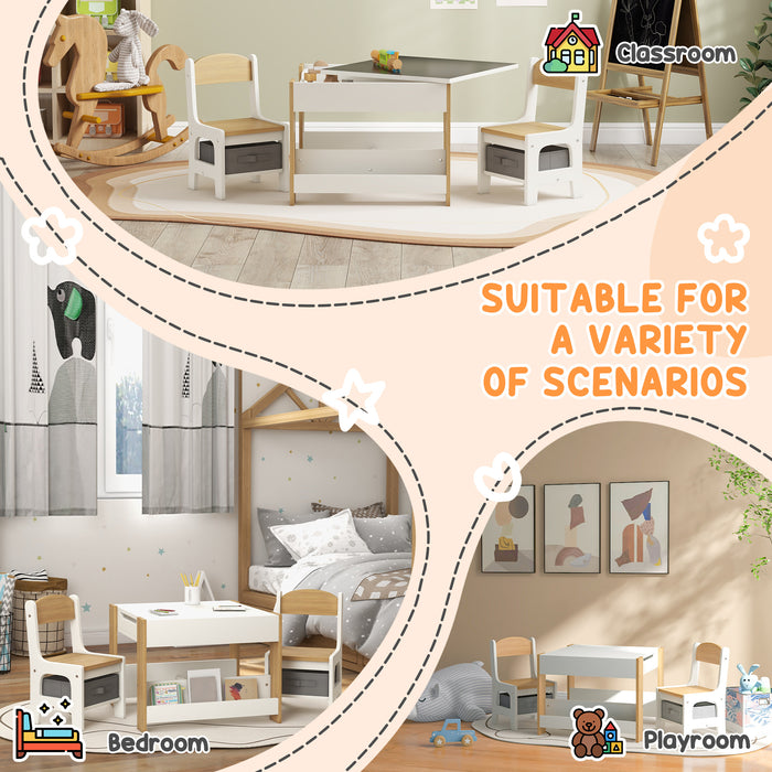 HOMCOM Three-Piece Kids Table and Chair Set with Blackboard, Storage, Bookshelves - Natural Wood