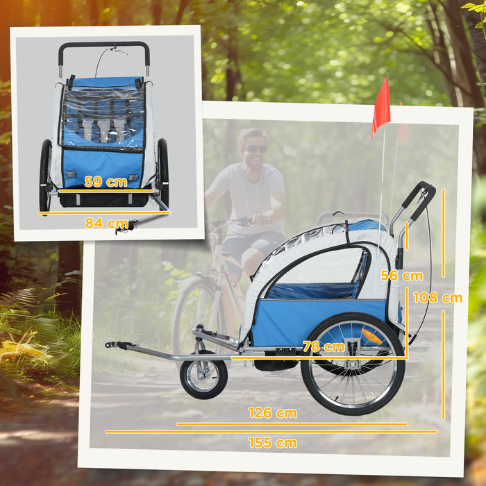 HOMCOM 2 Seat Bike Trailer with 5 Point Harness, Baby Bike Stroller with Safety Flag, Reflectors, for 18+ Months, Blue