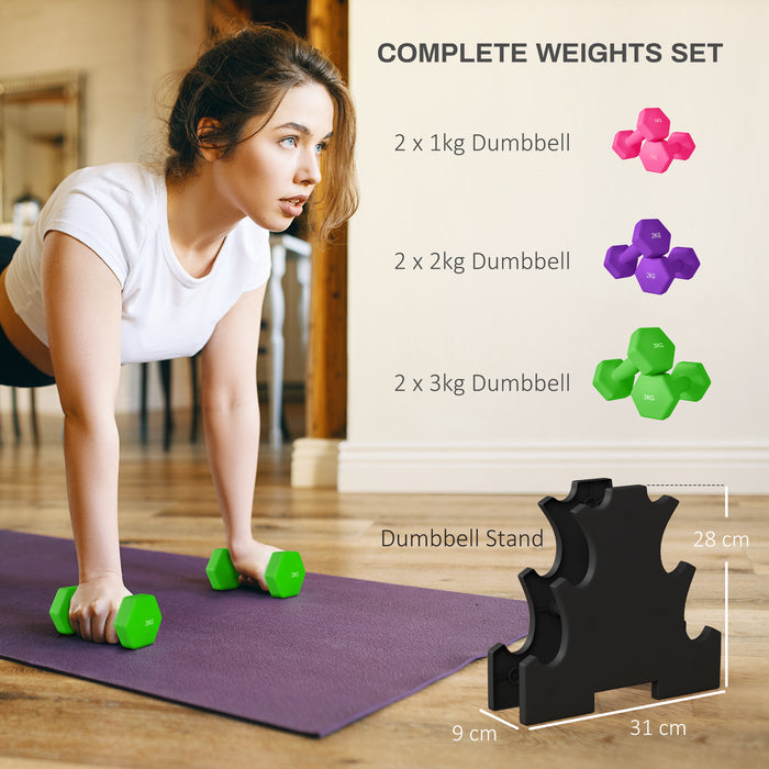 Dumbbell Set with Rack - 6-Piece Weight Varieties 1kg, 2kg, 3kg Hand Weights - Ideal for Home Gym Strength Training