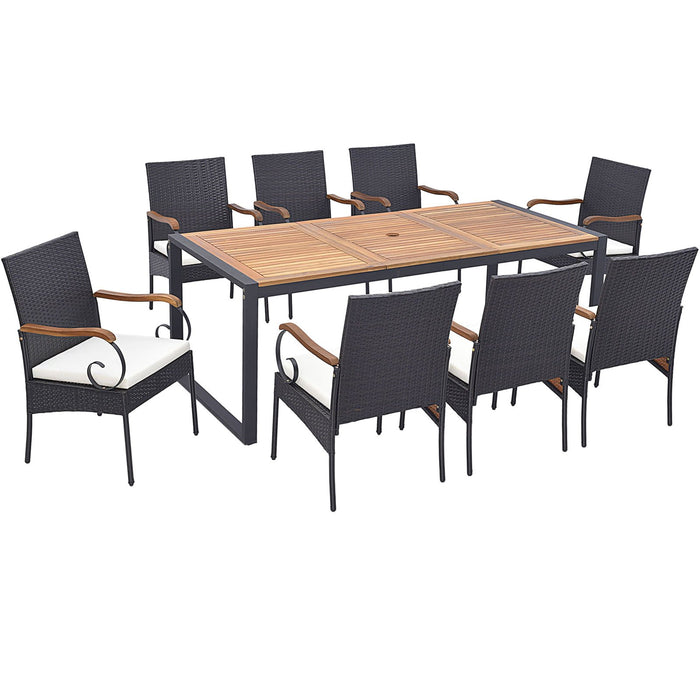 9 Pieces Outdoor Table and Chairs Set with Cushions and Umbrella Hole