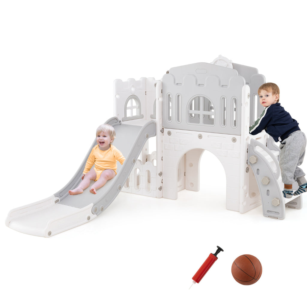 9 in 1 Toddler Slide L Shaped Kids Slide and Climber Playset with Basketball Hoop-