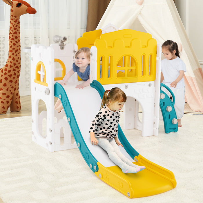 9 in 1 Toddler Slide L Shaped Kids Slide and Climber Playset with Basketball Hoop-