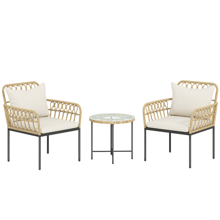 Outsunny 3 Piece Rattan Bistro Set, Wicker Garden Furniture Set with Cushions, Glass Top Coffee Table and Chairs for Outdoor, Patio, Balcony, Beige