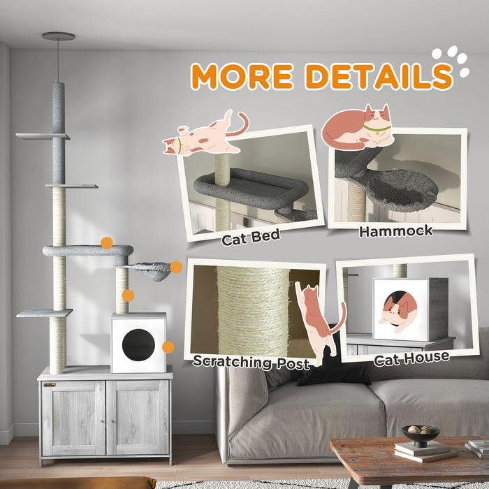 2 in 1 Cat Tree and Concealed Litter Box Furniture - Multi-Level Kitty Playhouse with Bed, Hammock, Scratch Posts & Platforms - Stylish Indoor Cat Tower for Play, Sleep & Privacy