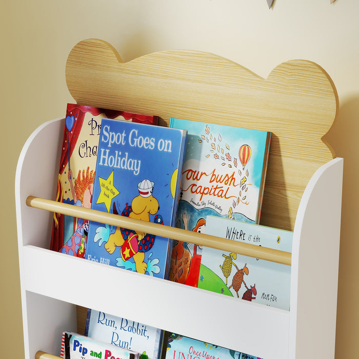 AIYAPLAY Kids Bookshelf, 3 Tier Children Bookcase, Bear Theme Toddler Space-Saving Bookcase for Living Room, White