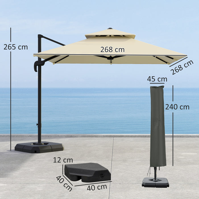 Outsunny 2.7 x 2.7(m) Cantilever Parasol with Aluminium Frame, Crank and Tilt, 360° Rotation, Double Top Garden Umbrella with Base and Cover, Khaki