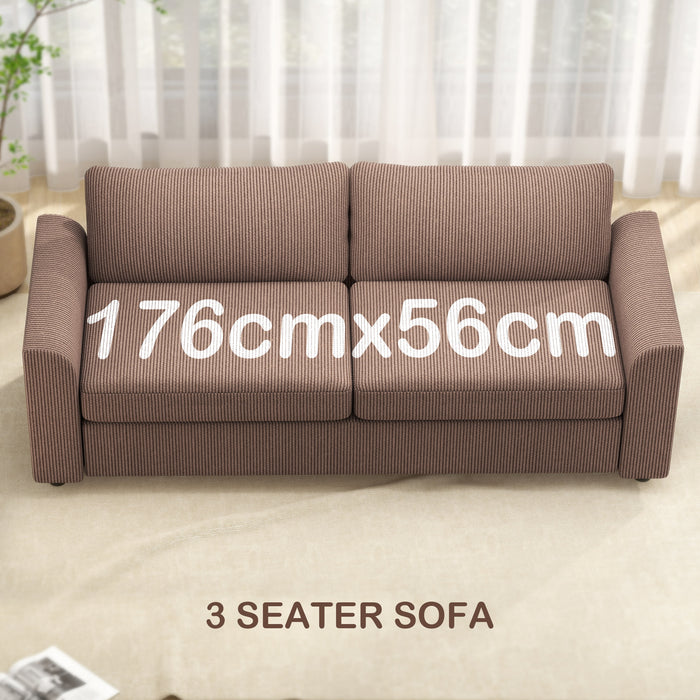 HOMCOM Modern 3 Seater Sofa with Spring Cushion, 212 cm Fabric Jumbo Cord Sofa Couch with 2 Scatter Cushions, Upholstered Corduroy Settee for Living Room, Bedroom, Home Office, Coffee