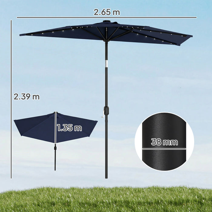 Outsunny 2.6 m Half Garden Parasol with Solar LED Lights, UPF50+ Semi Round Umbrella with 30° Tilt, Crank Handle, Dark Blue