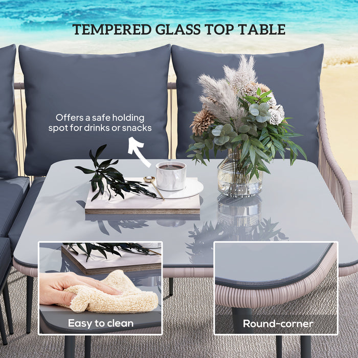 Outsunny 6 Piece Garden Furniture Set, Garden Corner Sofa Set with Thickened Cushions, Outdoor Patio Furniture Set with Glass Top Table, Footstools for Conservatory, Light Brown
