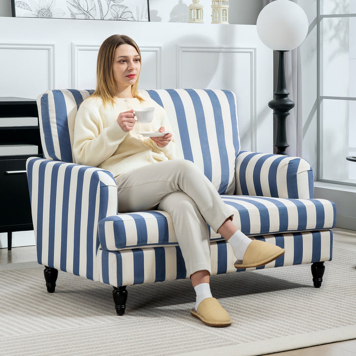 HOMCOM Modern Accent Chair, Velvet Armchair with Stripe, Turned Legs and Wide Seat, Upholstered Snuggle Chair for Living Room, Bedroom, Blue and White