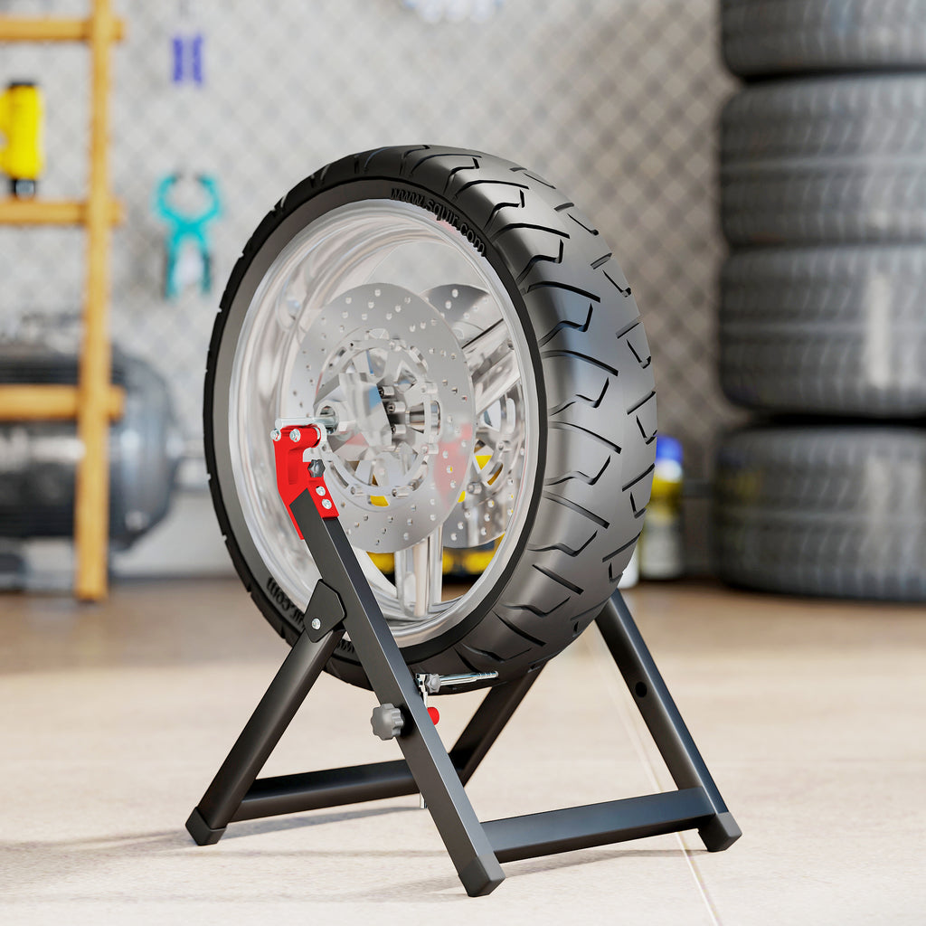 HOMCOM Foldable Motorcycle Wheel Balancer Truing Stand with Spoke Wrench, Steel Bike Tyre Rim Balancing Stand with Aluminium Shaft, Fits Wheels up to 23" in Diameter, 5" in Width, Black
