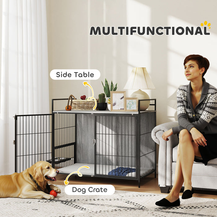 PawHut Large Dog Crate Furniture with Rotating Bowl Holder, 2 Bowls, 2 Doors, for Large Dogs, 100 x 60 x 88 cm, Grey