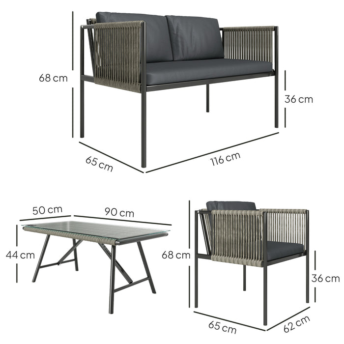 Outsunny 4 Piece Rattan Garden Furniture Set, 4 Seater Wicker Outdoor Furniture Set with 2 Armchairs, Loveseat, Glass Top Coffee Table and Cushions for Balcony, Porch, Grey