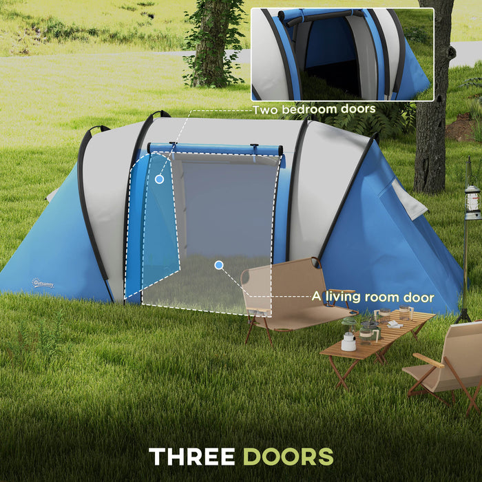 2-Bedroom Camping Tent with Spacious Living Area - 3000mm Waterproof Outdoor Shelter for Family, Fishing, Hiking, and Festivals - Durable Blue Canopy