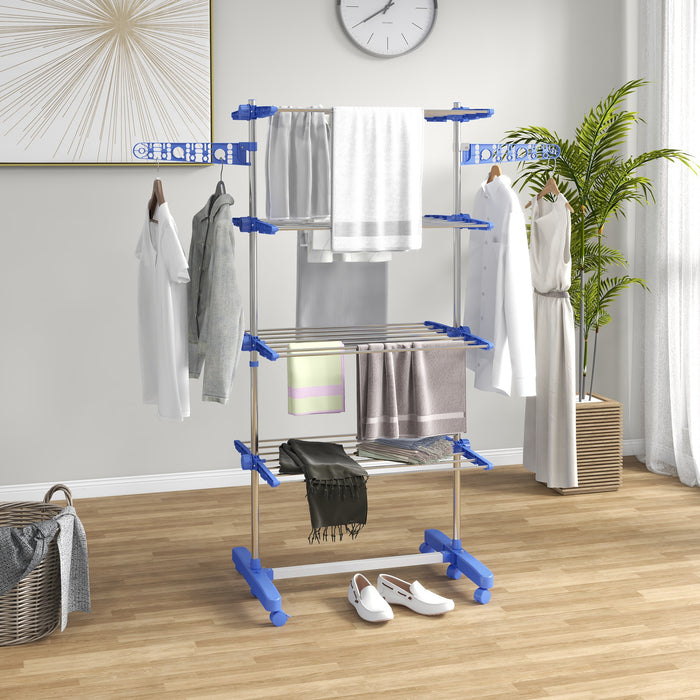 4-Tier Clothes Airer - Foldable Stainless Steel Drying Rack with Wheels and Wings for Indoor/Outdoor Use - Space-Saving Laundry Solution for Home or Apartment