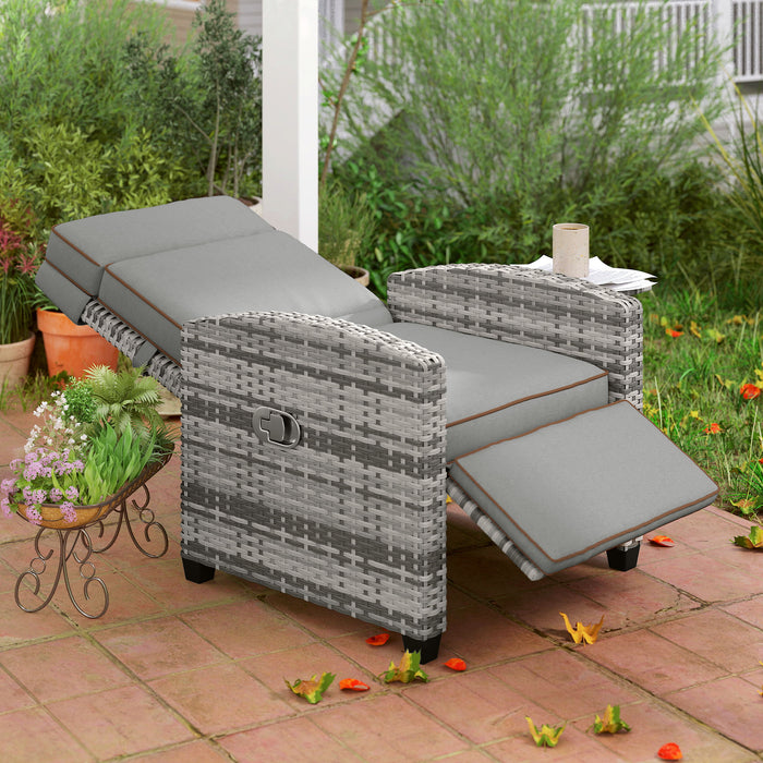 Outsunny Rattan Garden Recliner Chair, Adjustable Backrest Reclining Rattan Chair with Flip Table, Cushion and Footrest, Indoor Outdoor Lounge Reclining Sun Lounger for Patio, Mixed Grey/Grey