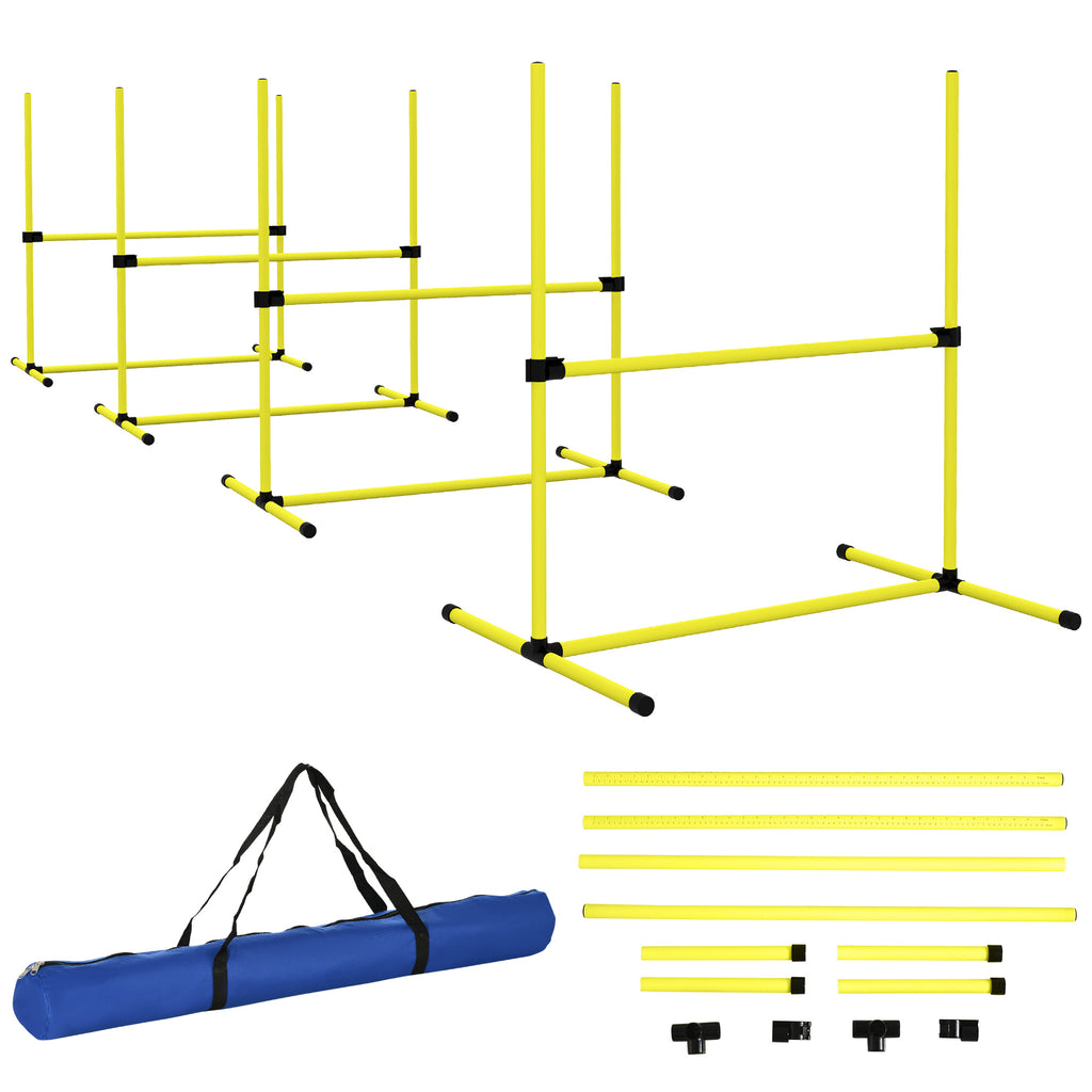 PawHut 4 Pieces Dog Agility Training Equipment, Adjustable Height Jumps Hurdle with Carrying Bag for Outdoor, Yellow