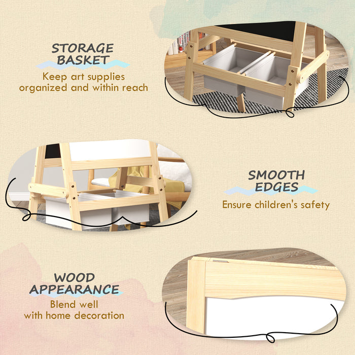 3 in 1 Kids Art Easel with Paper Roll - Double-Sided Whiteboard & Blackboard, Storage Baskets, Natural Wood Finish - Creative Play for Toddlers Ages 3-6 Years