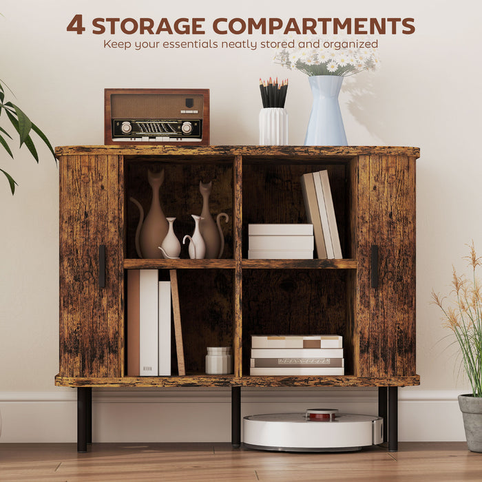 HOMCOM Mid-Century Modern Sideboard Storage Cabinet with Slatted Tambour Sliding Doors, Kitchen Cabinet with Steel Legs, Rustic Brown