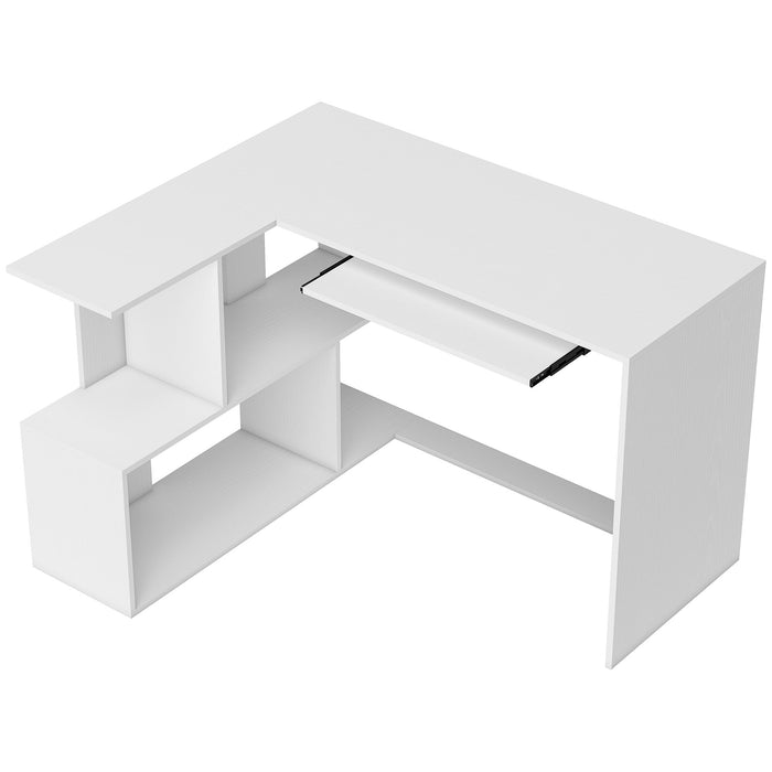 HOMCOM L-Shaped Corner Desk, Computer Desk with Keyboard Tray and Open Shelves, White Wood Effect