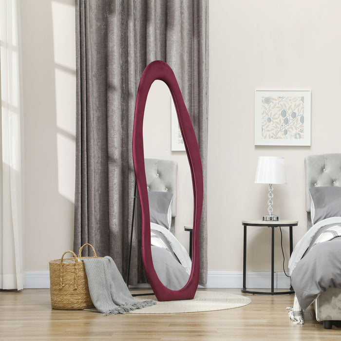 HOMCOM Arched Full Length Mirror, Irregular Wavy Mirror, 160 x 50cm Free Standing/Leaner/Wall Mirror with Velvet Frame for Living Room, Bedroom, Wine Red