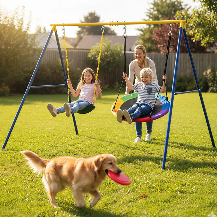 A-Frame Swing Stand for 2 Swings with Ground Stakes and Carabiners Heavy Duty-Blue