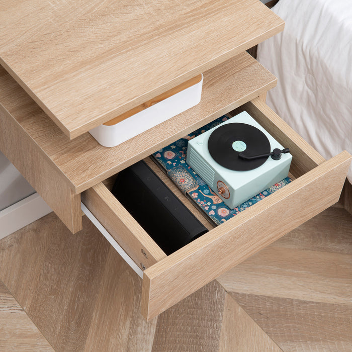 Wall-Mounted Oak-Toned Nightstand - Floating Bedside Cabinet with Drawer & Open Shelf - Space-Saving Bedroom Storage Solution