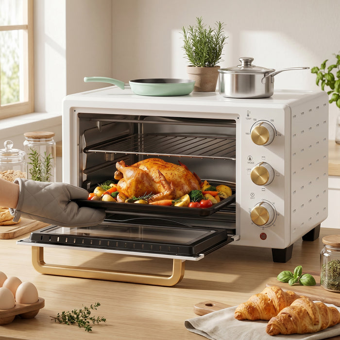 HOMCOM 21L Mini Countertop Oven, 100°C-230°C Adjustable Temperature, White