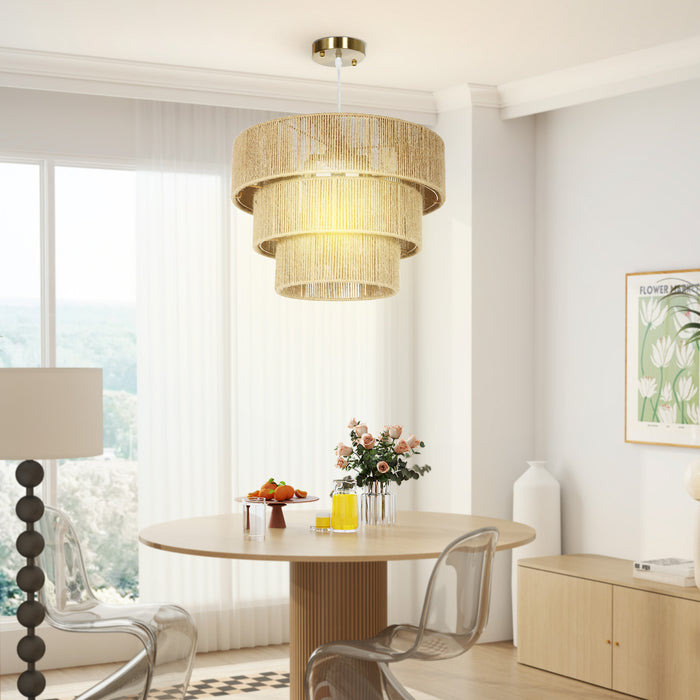 HOMCOM Hemp Rope Pendant Light, 3-Layer Boho Ceiling Light Shade, E14 Vintage Lampshade for Living Room, Bedroom, Kitchen, Hallway, Light Brown