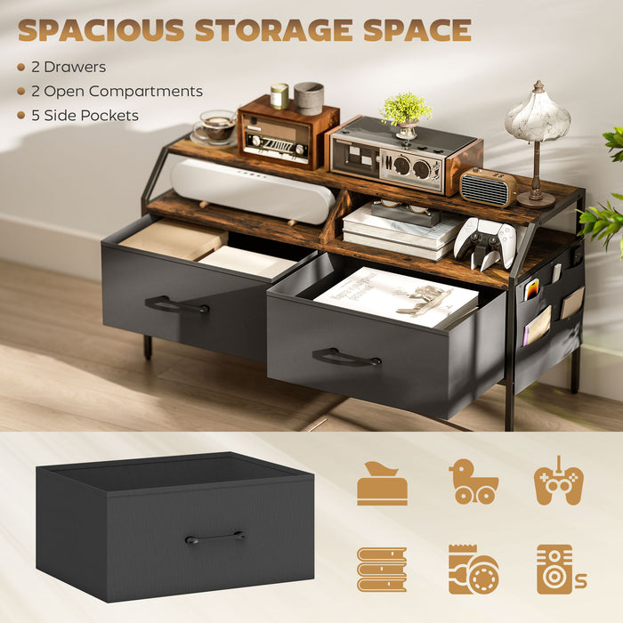 HOMCOM TV Stand Cabinet, TV Unit for 55-inch TVs with 2 Foldable Fabric Drawers, 5 Divided Side Pockets, Open Shelves, Console Table for Living Room, Bedroom, Entertainment Room, Rustic Brown