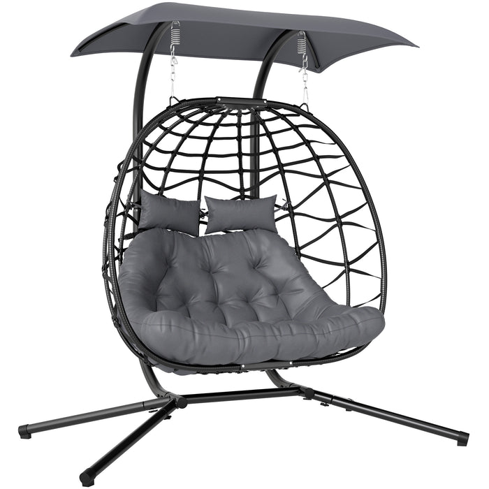 Outsunny Rattan Double Hanging Egg Chair with Canopy, Foldable Wicker Swing Egg Chair with Cushion, Head Pillows, Stand, Steel Frame, Hammock Chair for Indoor Outdoor, Capacity 260 kg, Black
