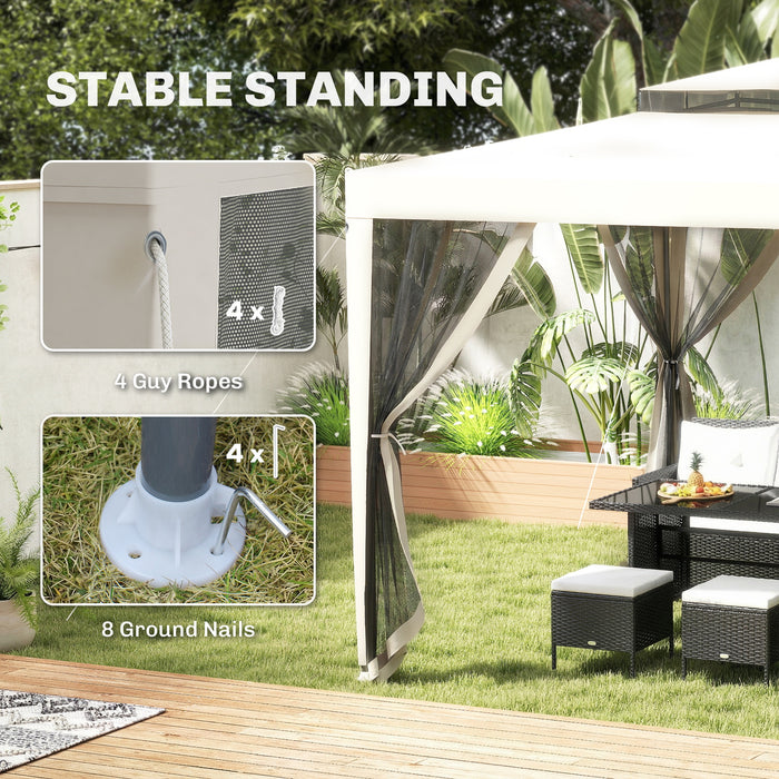Outsunny 3 x 3 m Gazebo, Netting Party Tent, Patio Canopy Outdoor Event Shelter with Double Tier Roof, Cream White