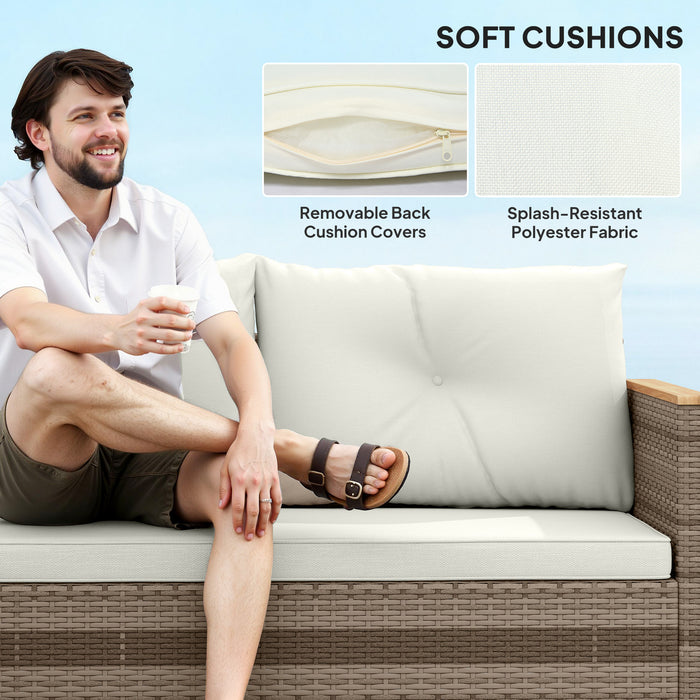 Outsunny 3 Pieces Rattan Garden Furniture Set, L Shaped Garden Conversation Chaise Lounge Furniture with Wood Top Coffee Table and Thick Cushions, Cream