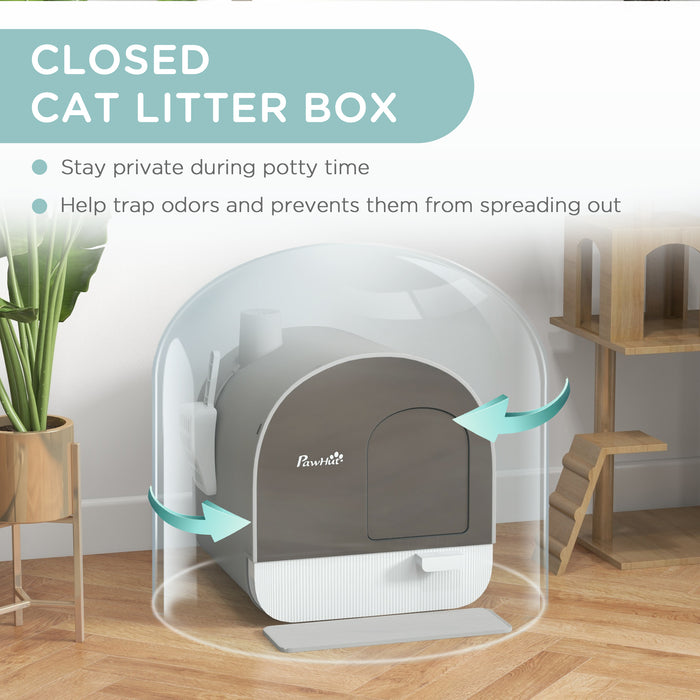 Hooded Kitten Litter Box with Accessories - Enclosed Cat Tray, Includes Scoop & Filter, with Flap Door - Easy Clean System for Pet Owners, Light Grey