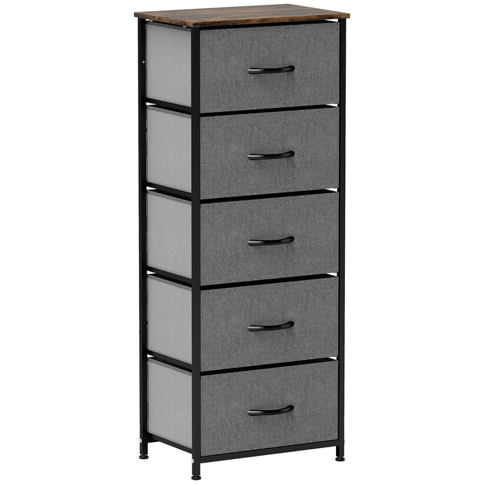 HOMCOM Fabric Chest of Drawers, Industrial Bedroom Dresser with 5 Fabric Drawers, Steel Frame and Wooden Top for Nursery, Living Room, Hallway, Rustic Brown and Grey