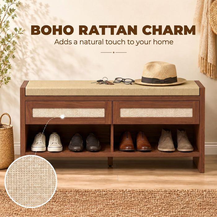 HOMCOM Boho Shoe Bench with 2 Rattan Drawers, Shoe Storage Bench with Cushioned Seat and Open Shelf Brown