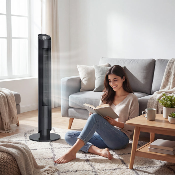HOMCOM Tower Fan with WiFi App Control Standing Floor Cooling Fan Remote Control 101.8 cm Black