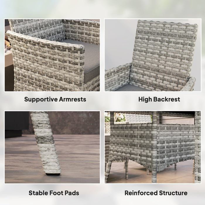 Outsunny Rattan Garden Furniture Set, 6 Seater Outdoor Dining Table and Chairs with Cushions, 150 x 90cm Rectangular Tempered Glass Table, 6 Armchairs, for Terrace, Conservatory, Balcony, Mixed-Grey