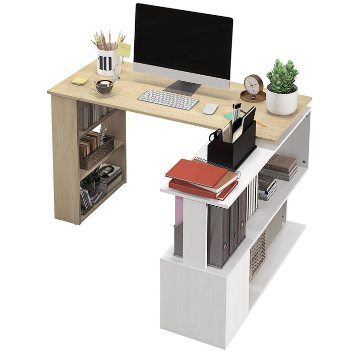 HOMCOM L-shaped desk modular computer desk built-in bookcase + 3-tier shelf white and natural wood