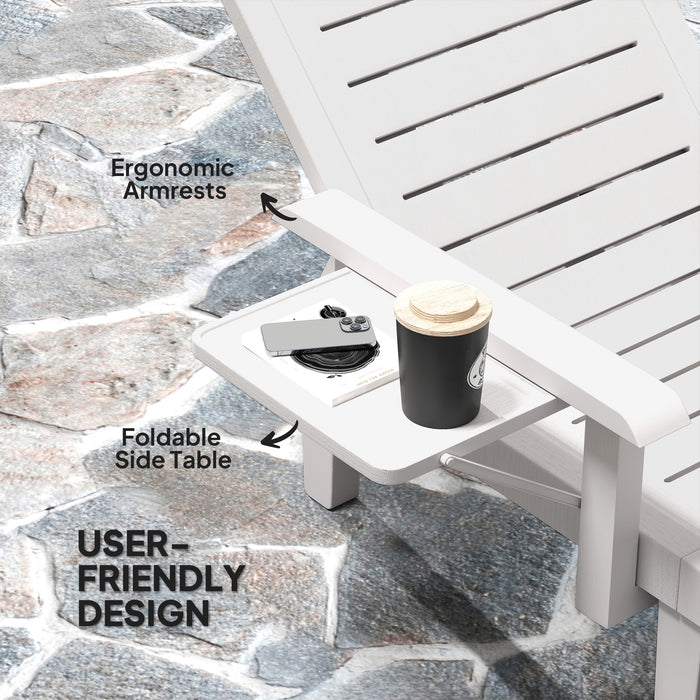Outsunny Set of 2 Resin Reclining Sun Loungers for Garden, 5 Positions Adjustable Outdoor Chaise Lounge Chairs with Wood Texture Surface, Armrests, Foldable Side Table for Garden, Beach, White
