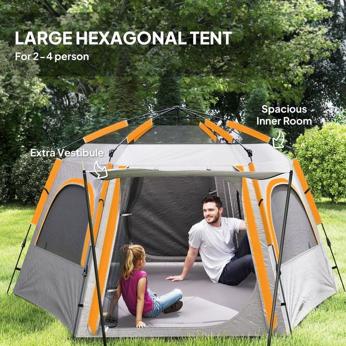 Outsunny Instant Camping Tent, 2/3/4 Person Easy Setup Family Tent with Vestibule, Rainfly, 4 Mesh Windows & 2 Doors, Hexagonal Design, Waterproof UV Protected Dome Tent, Light Grey