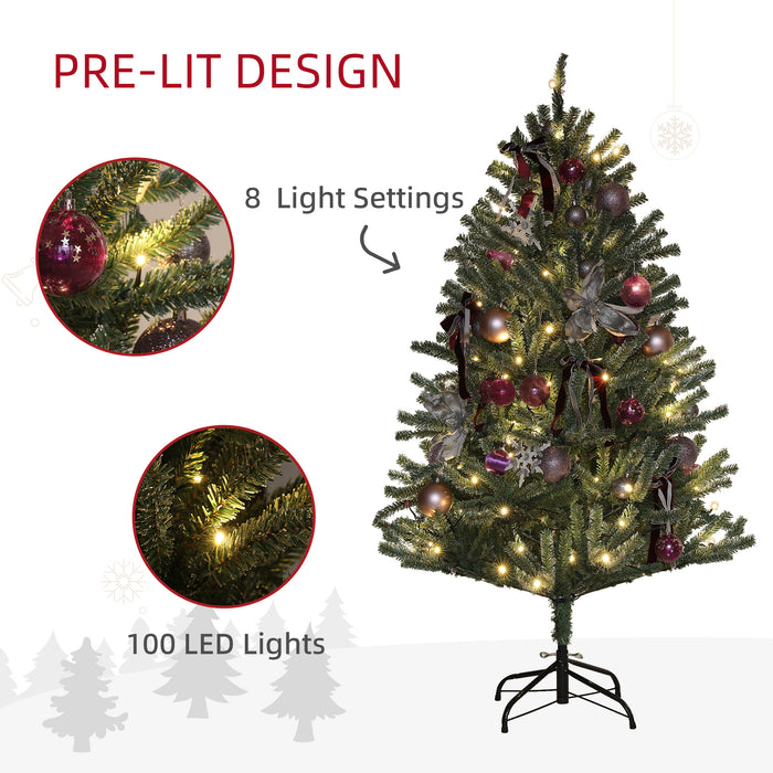 HOMCOM 5ft Artificial Prelit Christmas Tree with Warm White LED Lights and 486 Tips, Metal Stand, Xmas Tree with Purple Ornaments for Home Office Holiday | Aosom UK