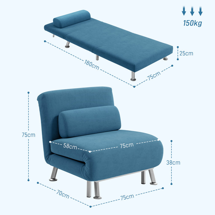 HOMCOM Single Sofa Bed, 1 Person Sleeper Foldable Lounge with Pillow, Blue