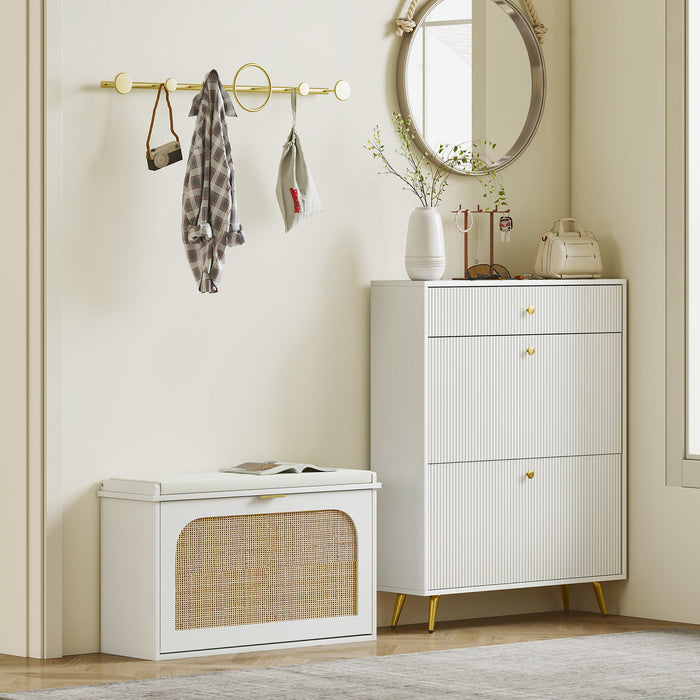 HOMCOM Boho Shoe Bench with Padded Seat and Flip-Drawer - White