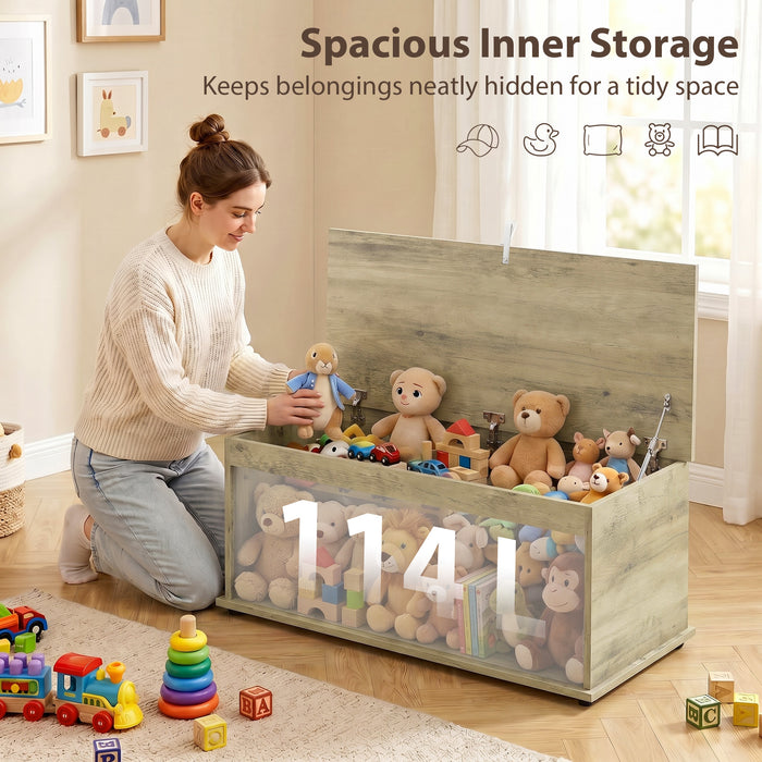 HOMCOM Large 114L Storage Chest Grey Wood Bench Trunk with Safety Lid for Bedroom Hallway and Living Room 100 x 40 x 40cm