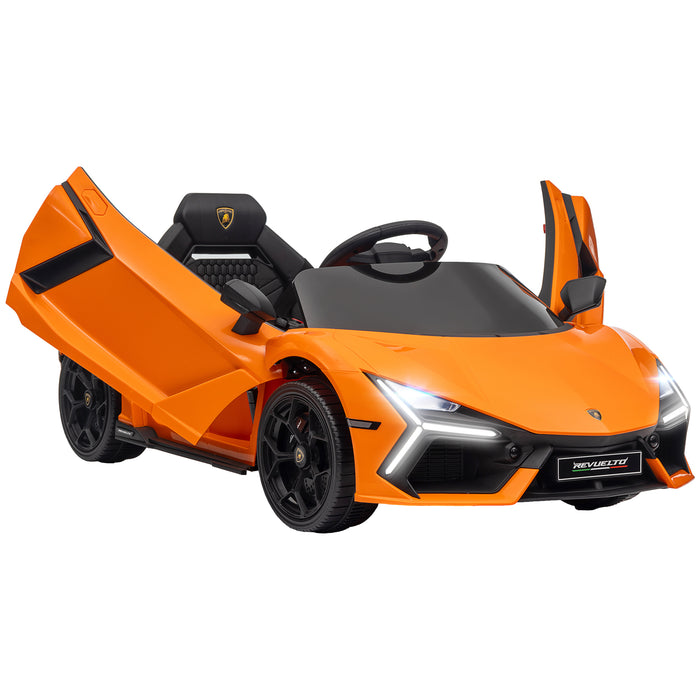 AIYAPLAY Lamborghini Revuelto Licensed 12V Ride on Car w/ Butterfly Doors Training Wheels, Suspension, Remote Control Orange | Aosom UK