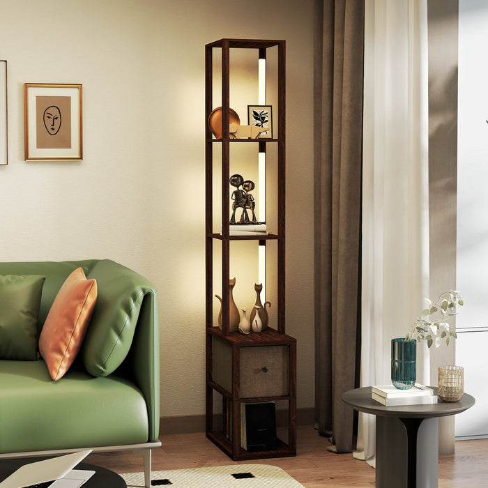 HOMCOM Floor Lamp with Shelves, LED Column Modern Standing Lamp with Fabric Drawer, Adjustable Brightness, Foot Switch for Living Room, Bedroom, Office, Dark Brown