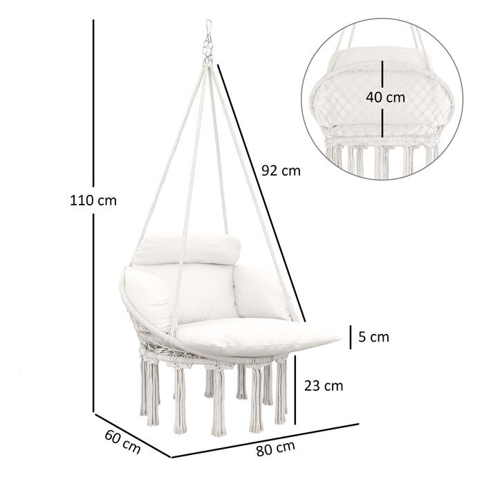 Outsunny Hanging Chair Outdoor Hammock Chair with Soft Cushion, Cotton Rope Boho Style Swing Chair, Hanging Garden Swing Seat for Indoor Outdoor, Cream White