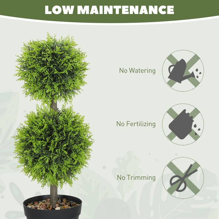 HOMCOM Set of 2 Decorative Artificial Plants, 60cm Faux Topiary Cypress Ball Trees with Plastic Pot and Pebbles, Fake Plants for Home Office Decor, Green