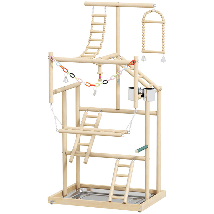 PawHut 95 cm Wooden Bird Playground with Ladders, Chain Toy, Stainless Steel Cups and Tray, Bird Cage Accessories, Natural
